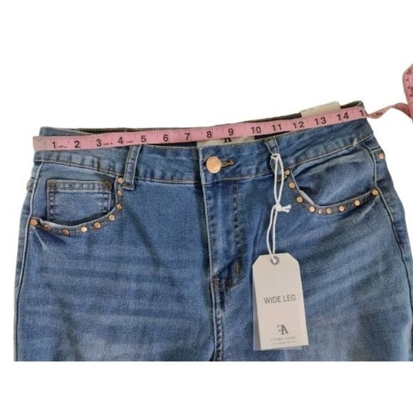Flying Angel Gold Studded Mid Rise Wide Leg Jeans Medium Wash 11/30 NWT - Picture 4 of 11